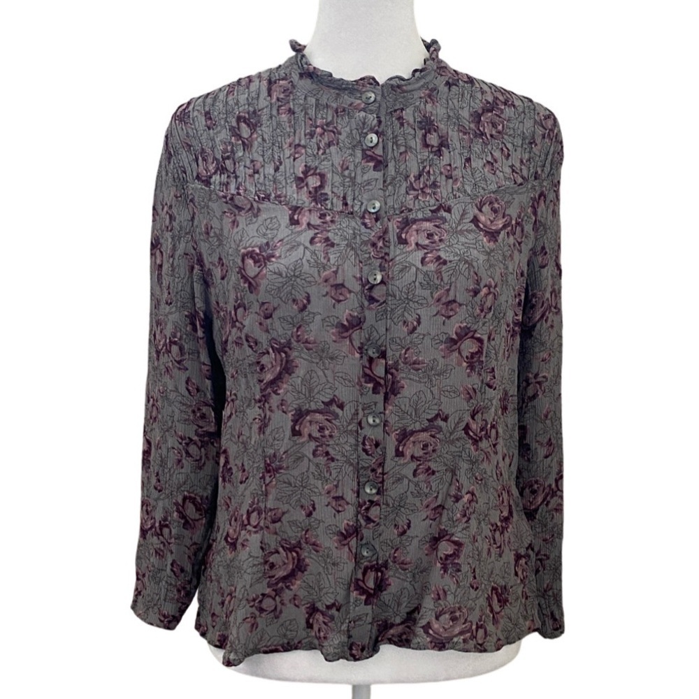 J. Jill Floral Button Blouse - Gray & Purple. Size MP. Stand Up Ruffle Collar.